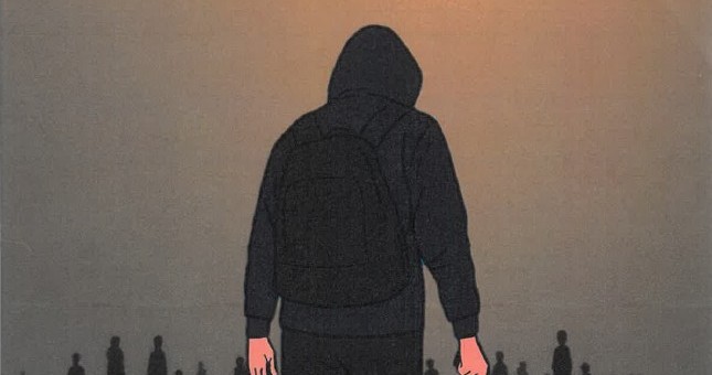 Plakat szkolenia/debaty przedstawiający napastnika z nożem