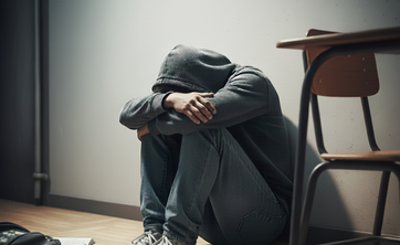 Obraz przedstawiający młodego człowieka, który siedzi pod ścianą z głową na kolanach.