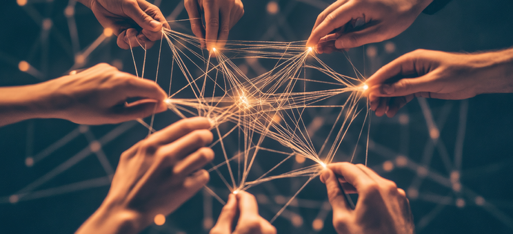Grafika szkolenia przedstawiająca sieć trzymaną przez kilka dłoni