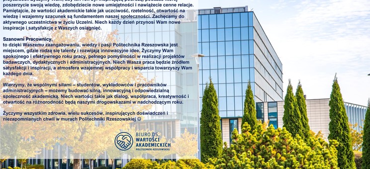 Obraz przedstawia budynek V Politechniki Rzeszowskiej, na którego tle umieszczone są życzenia. 