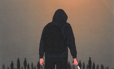 Plakat szkolenia/debaty przedstawiający napastnika z nożem