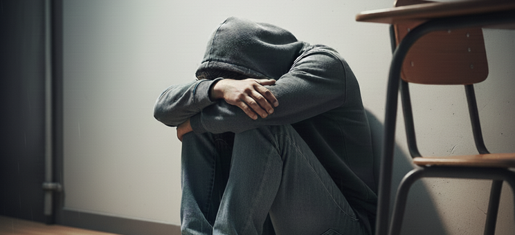 Obraz przedstawiający młodego człowieka, który siedzi pod ścianą z głową na kolanach.